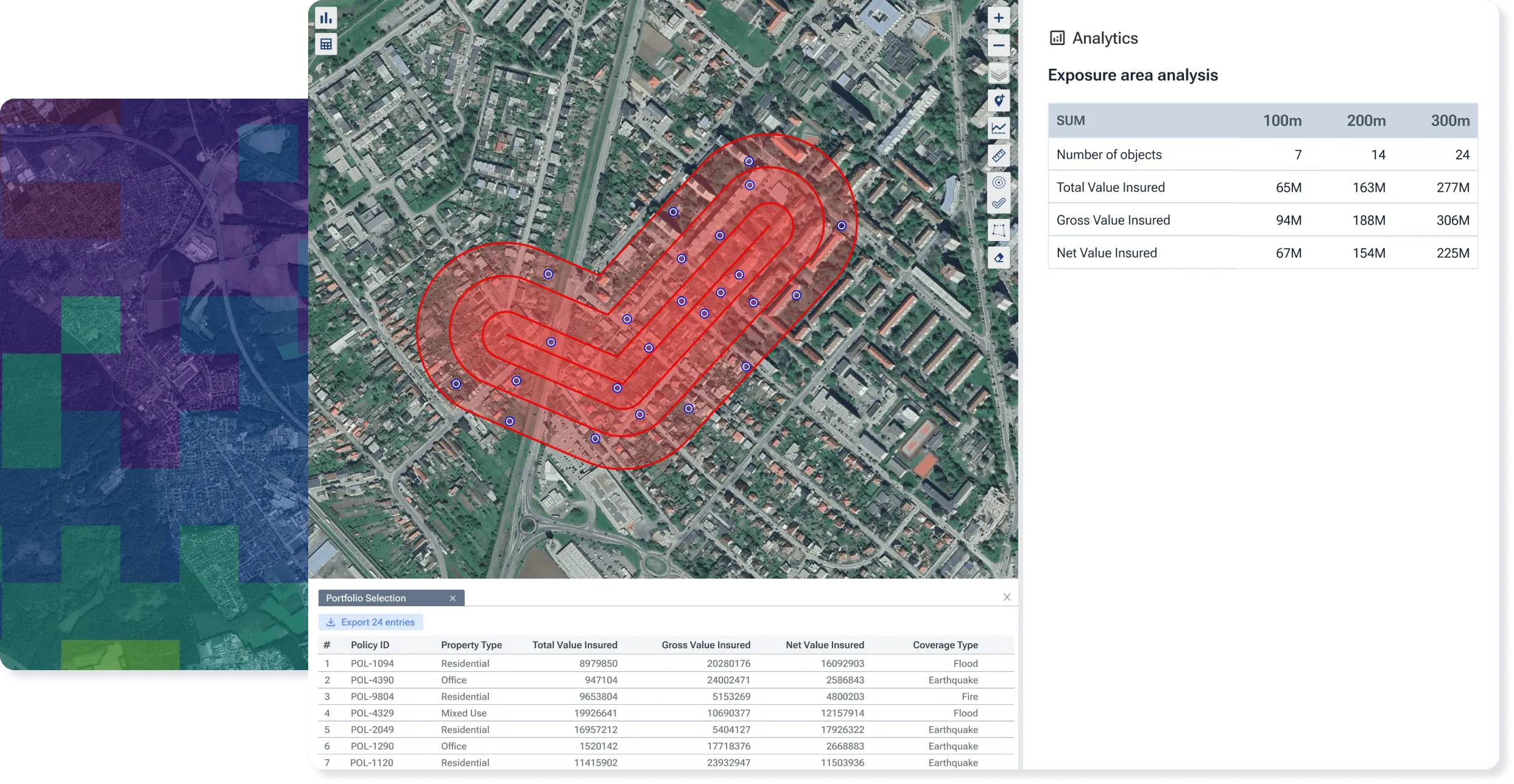 A screenshot from Graph by Quarticle showing spatial data on a map and a highlighted red area with concentric outlines marks an exposure analysis zone, indicating insured properties and other assets.