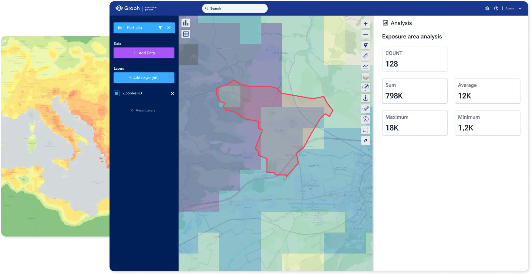A screenshot of geographical layers and results from Graph by Quarticle showcases a regional overlay with a red polygon representing an area of interest.