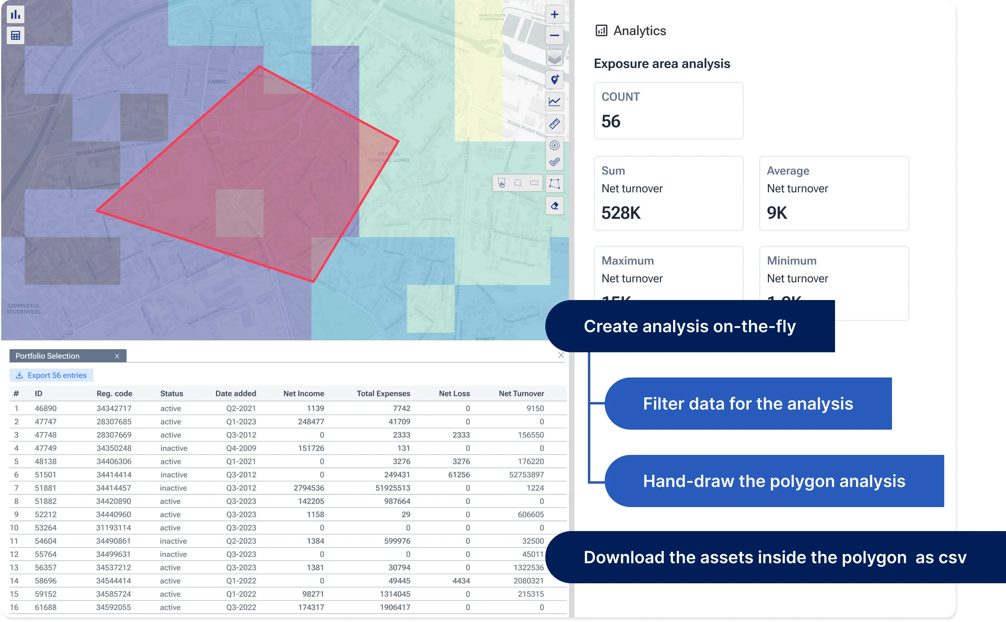 Screenshot of Graph by Quarticle displaying accumulation analysis results in a hand-drawn polygon. Results mentioned include ID, regional codes, status and insured values.