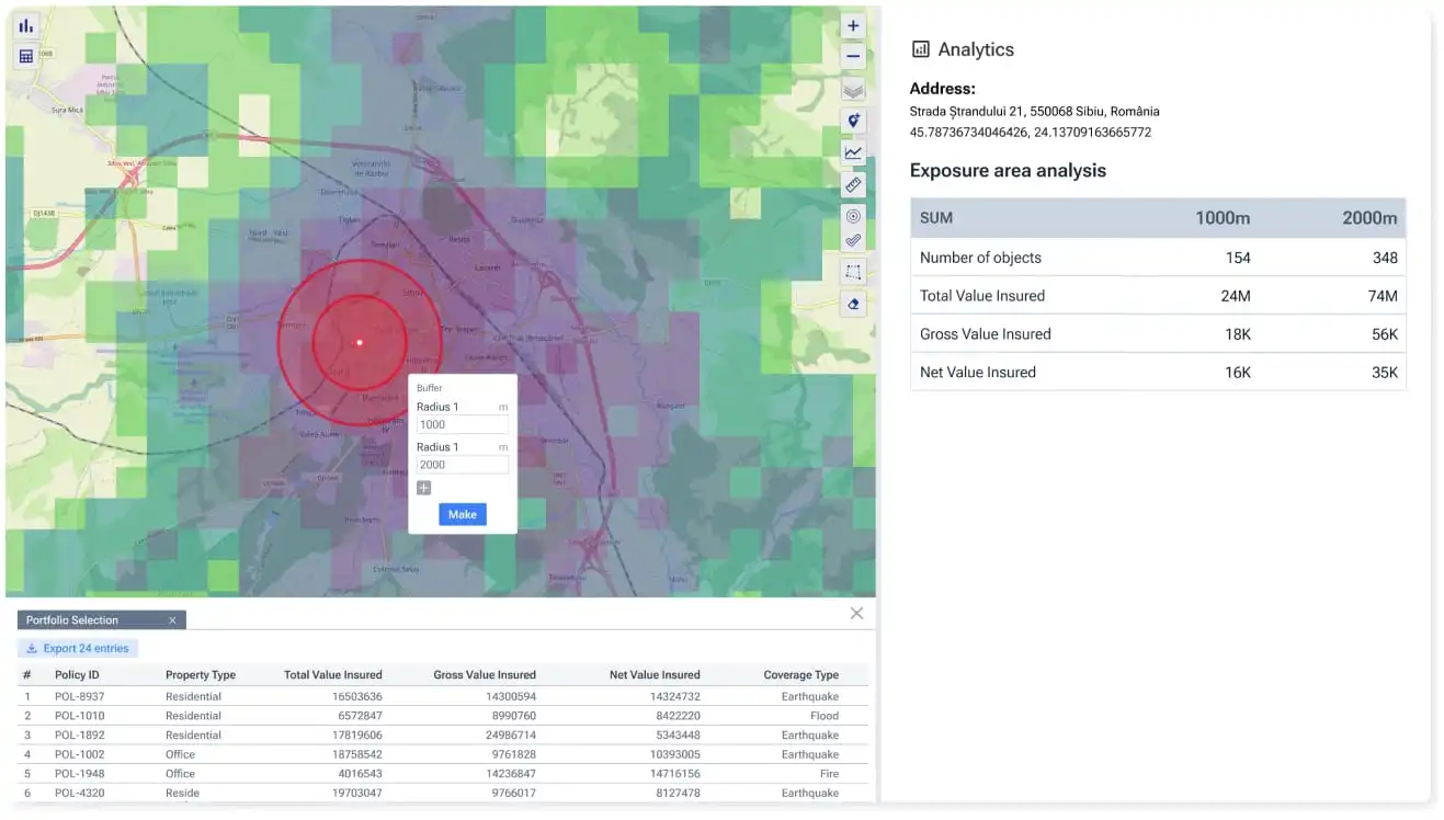 A screenshot of Graph by Quarticle displays a geographic visualization with an exposure area analysis on a satellite map. The table below lists property details, including policy ID, property type, insured values, and coverage type.