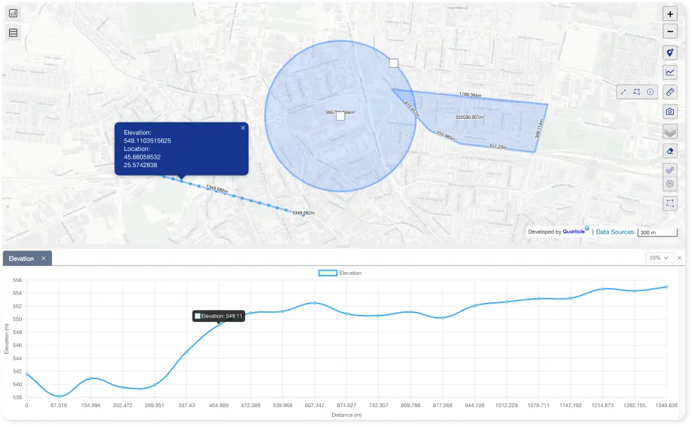 Screenshot of Graph by Quarticle containing a map with drawn measurements by polygon, circle, and an elevation profile graphic.