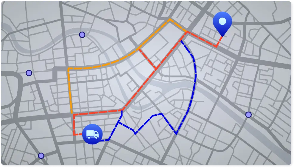 Visual display of blue and orange colored route options that a truck can take to get to its destination.